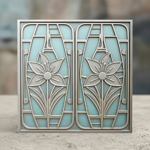 Art Deco gestileerde lelie bloemmotief #10 Turquoi Tegeltje