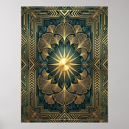 Art Deco Ginkgo Leaf Sunburst Poster | Gold Teal  (Voorkant)