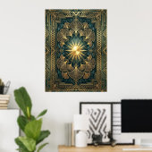 Art Deco Ginkgo Leaf Sunburst Poster | Gold Teal  (Thuiskantoor)