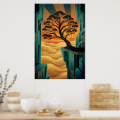 Art Deco Ginkgo Tree Ocean Cliff Gold Teal Poster (Keuken)