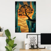 Art Deco Ginkgo Tree Ocean Cliff Gold Teal Poster (Thuiskantoor)