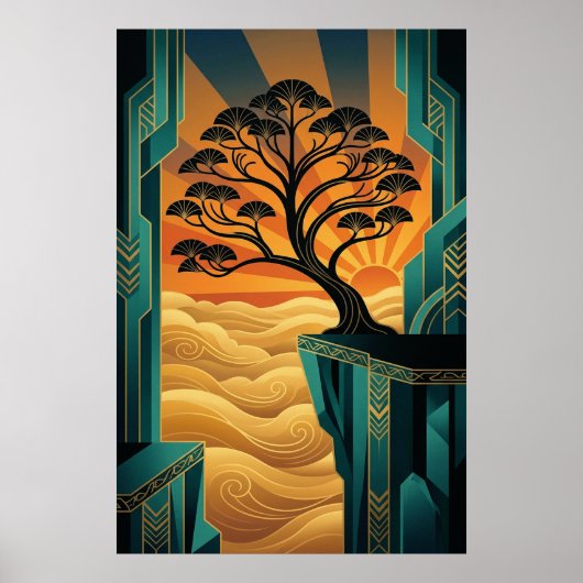 Art Deco Ginkgo Tree Ocean Cliff Gold Teal Poster (Voorkant)