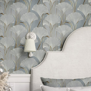 Art Deco Ginkgo vertrekt op blauw Behang