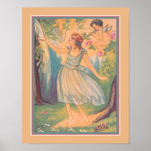 Art Deco "Girl & Cupid at Waterfall" Poster (Voorkant)