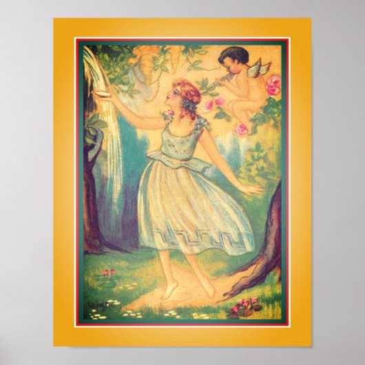 Art Deco "Girl & Cupid at Waterfall"-Poster Poster (Voorkant)