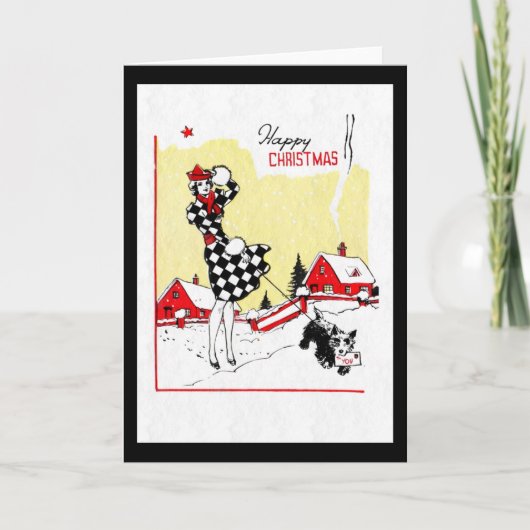 Art Deco Girl en Scotty Dog Feestdagen Kaart (Voorkant)
