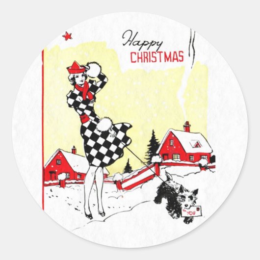 Art Deco Girl en Scotty Dog Ronde Sticker (Voorkant)