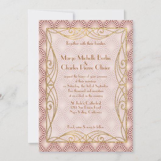 Art Deco Glam Gold Lijst Pink Shell Wedding Invite Kaart (Voorkant)