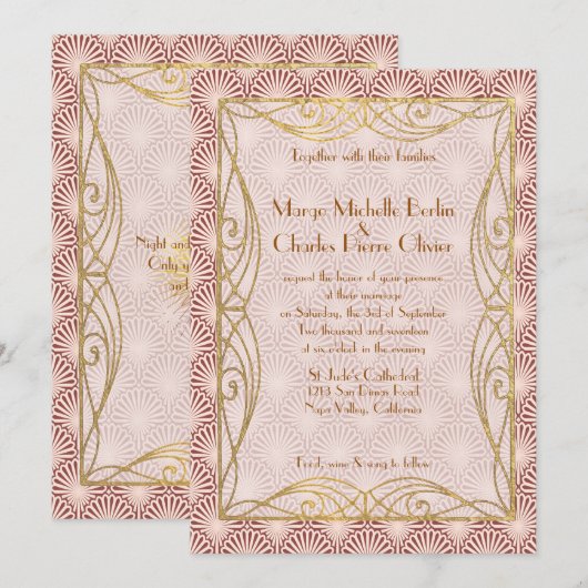Art Deco Glam Gold Lijst Pink Shell Wedding Invite Kaart (Voorkant / Achterkant)