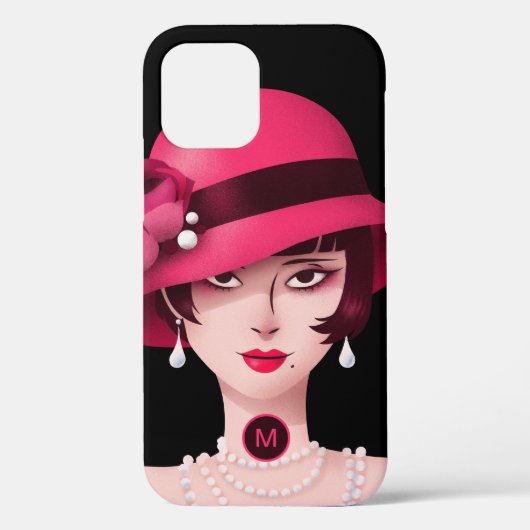 Art Deco Glam Lady Monogram Initiaal Zwart Roze Case-Mate iPhone Case (Achterkant)
