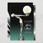 Art Deco Glam Nouveau Opslaan Datum | blauwgroen Save The Date (Voorkant / Achterkant)