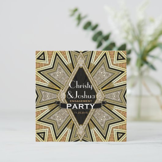Art Deco Glam Sparkle Engagement Party Kaart (Staand voorkant)