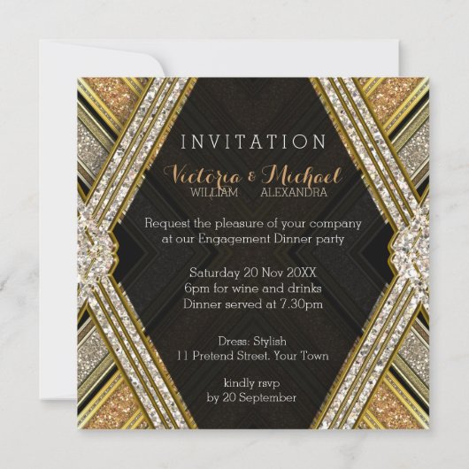 Art Deco Glamor Engagement Party Kaart (Achterkant)