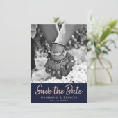 Art Deco Glamor | Navy Blue Roos Gold Blush Foto Save The Date (Staand voorkant)