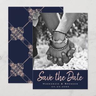 Art Deco Glamor Navy Blue Roos Gold Blush Foto Save The Date
