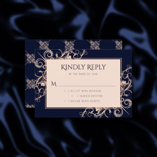 Art Deco Glamor | Navy Blue Roos Gold Ornamental RSVP Kaartje