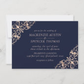 Art Deco Glamor | Navy Blue Roos Gold Wedding Kaart (Voorkant)