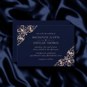 Art Deco Glamor | Navy Blue Roos Gold Wedding Kaart