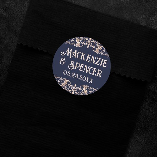 Art Deco Glamor | Navy Blue Roos Gold Wedding Ronde Sticker