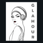 Art Deco Glamour Vrouw Illustratie Poster<br><div class="desc">Voeg wat glamour toe aan je ruimte met dit prachtige geïllustreerde poster. Art deco design in zwart-wit (met een vleugje rood).</div>