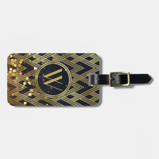 Art Deco Glamoureus Geometric Pattern Monogram Bagagelabel (Voorkant horizontaal)