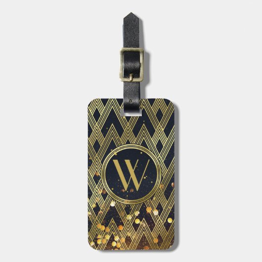 Art Deco Glamoureus Geometric Pattern Monogram Bagagelabel (Voorkant verticaal)