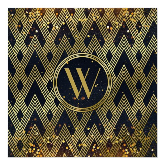 Art Deco Glamoureus Geometric Pattern Monogram Perfect Poster (Voorkant)