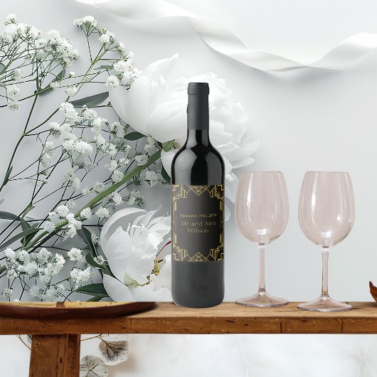 Art Deco Glamoureus Goud op Zwart Wijn Etiket