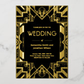 Art Deco Glamoureus Goud op Zwarte Folie bruiloft Uitnodiging (Voorkant)