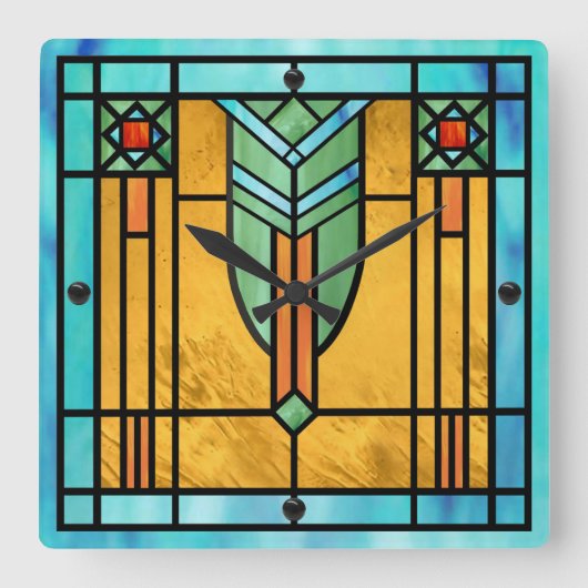 Art Deco Glas in lood 3 Square Wall klok (Voorkant)