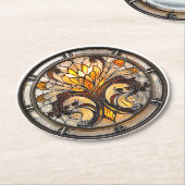 Art Deco Glas in lood Bloemengeel Bruin Sinaasappe Ronde Kartonnen Onderzetter (Gebogen)