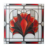 Art Deco Glas in lood Bloemenrood Zwart Wit Tegeltje (Voorkant)