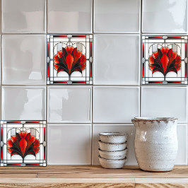 Art Deco Glas in lood Bloemenrood Zwart Wit Tegeltje