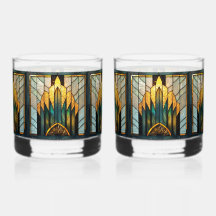 Art Deco Glas-in-lood in Goud Groen Zwart