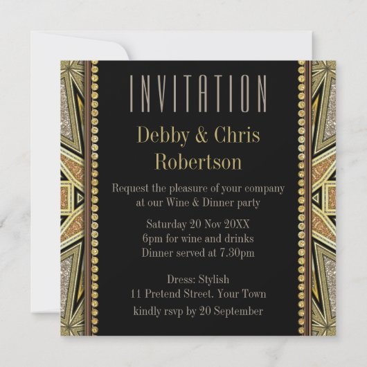 Art Deco Glitterende Gouden Uitnodigingen voor Eet (Achterkant)