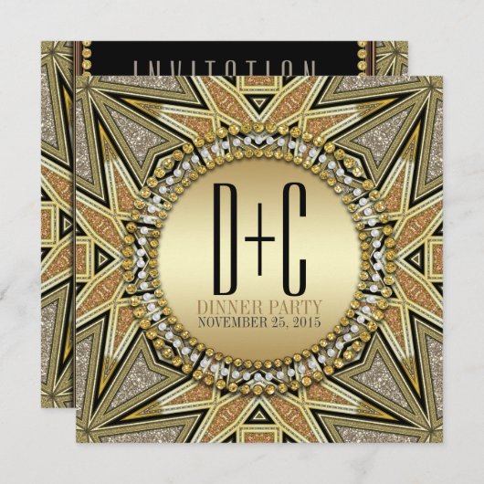 Art Deco Glitterende Gouden Uitnodigingen voor Ete (Voorkant / Achterkant)