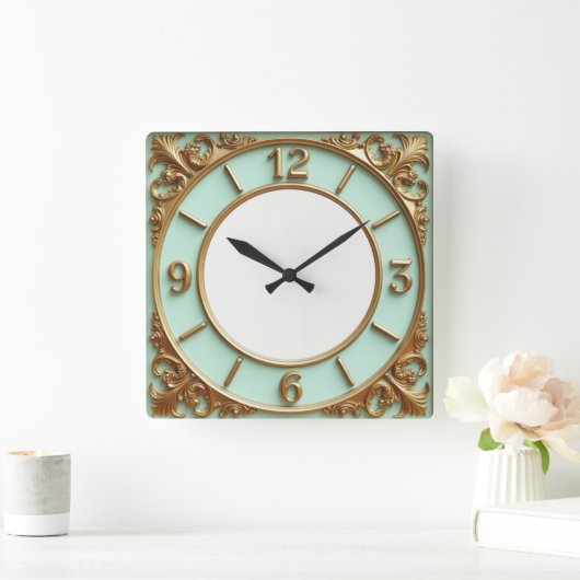 Art Deco Gold and Mint Vierkante Klok (Huis)