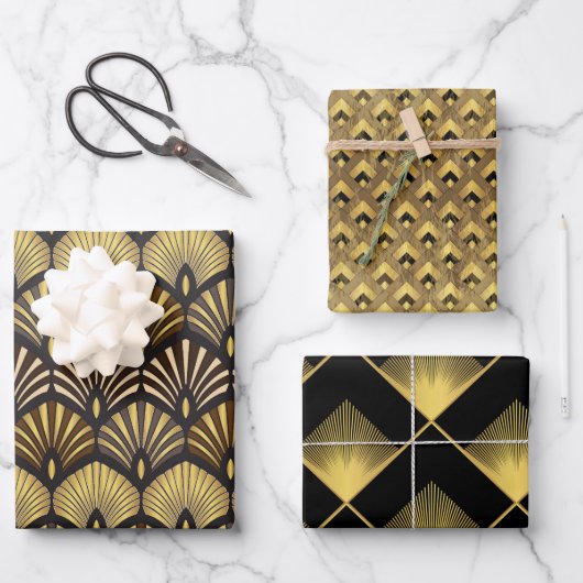 Art Deco Gold Black Geometric Luxury Patroon Inpakpapier Vel (Voorkant)