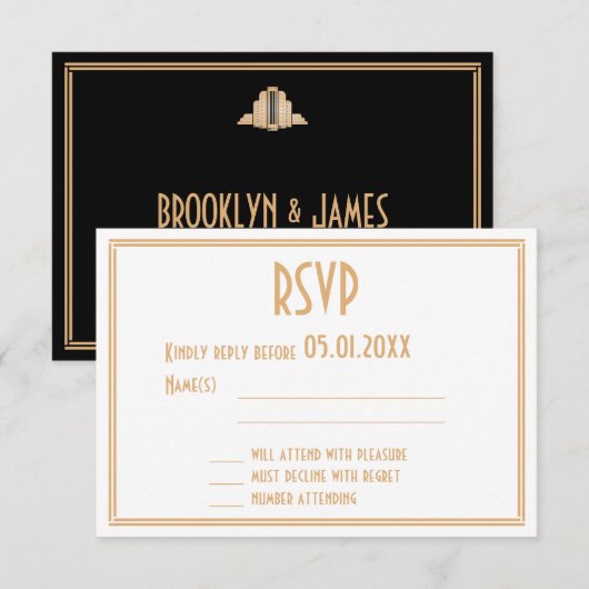 Art Deco Gold Black Great Gatsby Wedding RSVP-Kaar RSVP Kaartje (Voorkant / Achterkant)