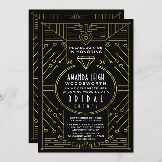 Art Deco  Gold Bridal Shower-uitnodigingen Kaart (Voorkant / Achterkant)