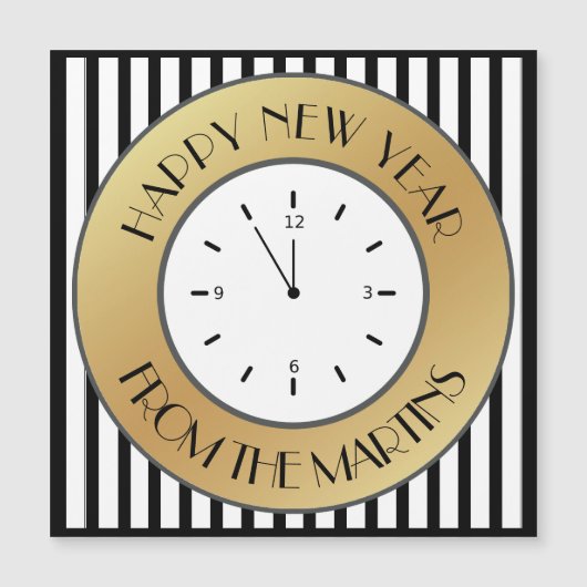 Art Deco Gold Clock en Stripes Happy Nieuwjaar (Voorkant)