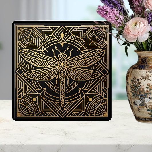 Art Deco Gold Dragonfly Black Geometric Design Tegeltje