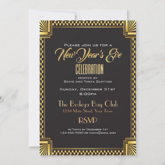 Art Deco Gold en Black NYE Gatsby Style Kaart (Voorkant)
