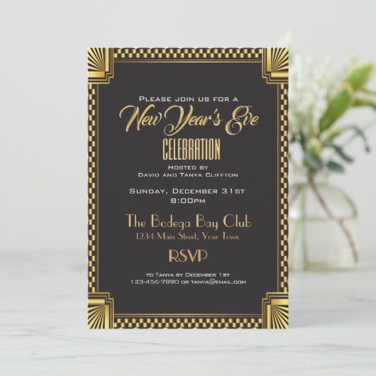 Art Deco Gold en Black NYE Gatsby Style Kaart (Staand voorkant)
