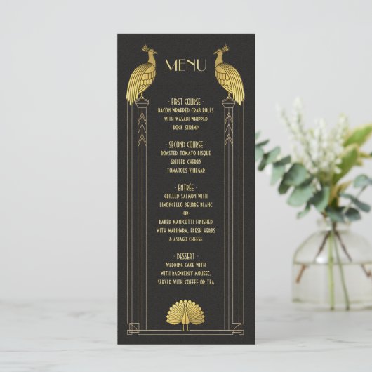 Art Deco Gold en Black Peacock Bruiloft menukaart (Staand voorkant)