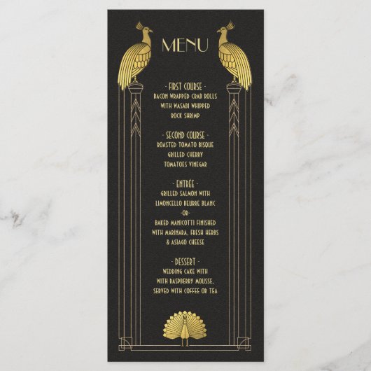 Art Deco Gold en Black Peacock Bruiloft menukaart (Voorkant)