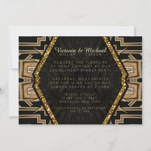 Art Deco Gold en Black Stylish Engagement Party Kaart (Achterkant)