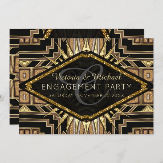 Art Deco Gold en Black Stylish Engagement Party Kaart (Voorkant / Achterkant)