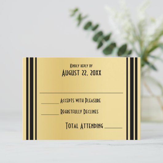 Art Deco Gold en Black Wedding Reactie RSVP Kaartje (Staand voorkant)