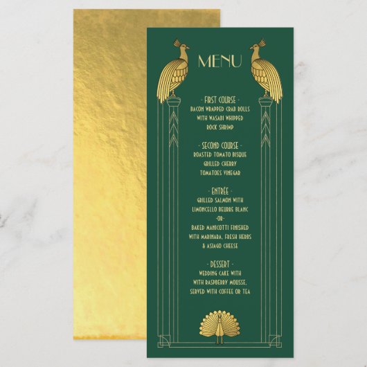 Art Deco Gold en Green Peacock Trouwkaart Menu (Voorkant / Achterkant)